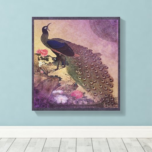 pauw en pioenen in het Paarse Canvas Afdruk (Insitu (Houten vloer))