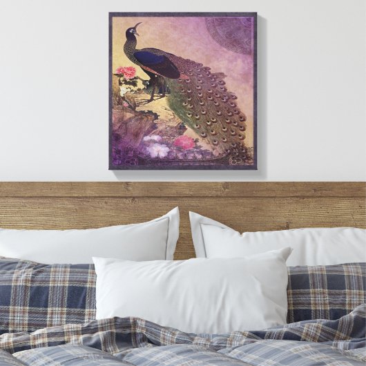 pauw en pioenen in het Paarse Canvas Afdruk (Insitu (Slaapkamer))