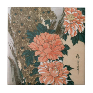 Pauw en Pioenrozen door Hiroshige, Japanse Kunst Tegeltje
