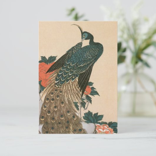 Pauw en Pioenrozen van Hiroshige Huwelijk RSVP Kaartje (Staand voorkant)