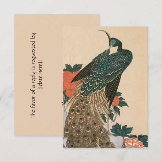 Pauw en Pioenrozen van Hiroshige Huwelijk RSVP Kaartje (Voorkant / Achterkant)