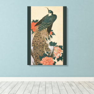 Pauw en Pioenrozen van Hiroshige, Japanse Kunst Canvas Afdruk