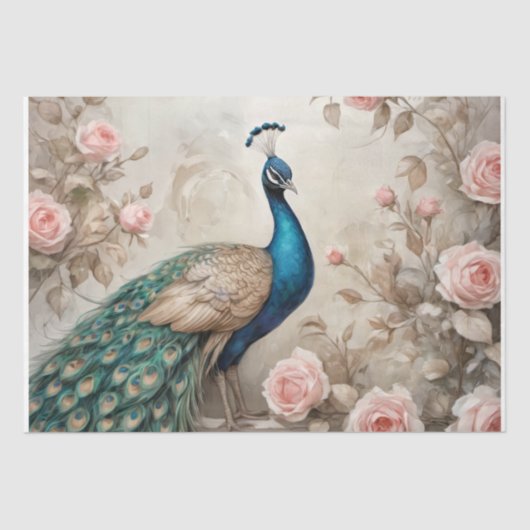 Pauw en romantische Rozen - Decoupage - Tissuepapier (Voorkant)