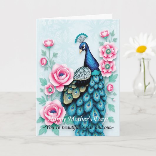 Pauw en roze rozen Moederdag Kaart (Kleine Plant)