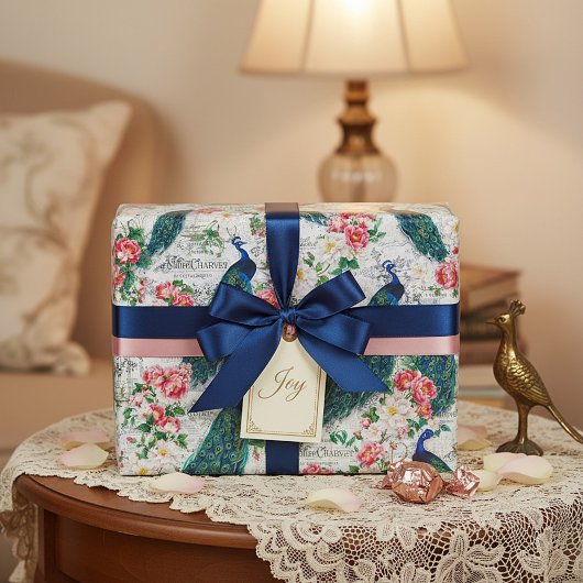 Pauw en rozen cadeaupapier