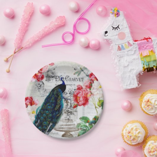 pauw en rozen papieren bordje (Feest)