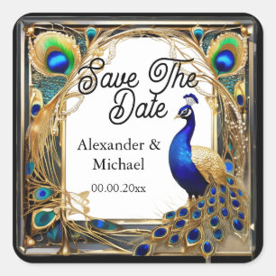 Pauw en veren art nouveau save the date vierkante sticker