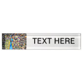 pauw en veren, artistiek grafisch naambordje (Voorkant)