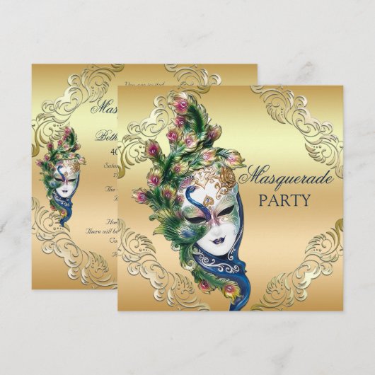 Pauw en veren maskeren gouden maskerade partij kaart (Voorkant / Achterkant)