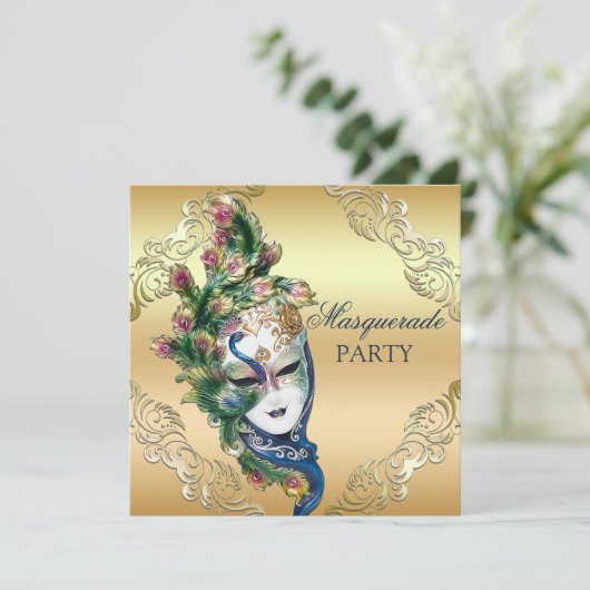 Pauw en veren maskeren gouden maskerade partij kaart (Staand voorkant)