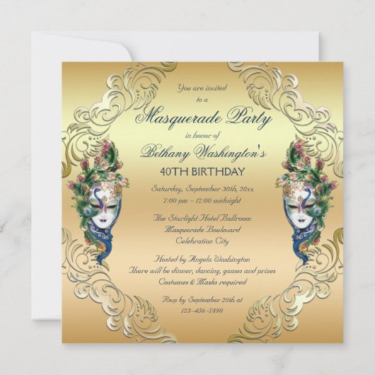 Pauw en veren maskeren gouden maskerade partij kaart (Achterkant)