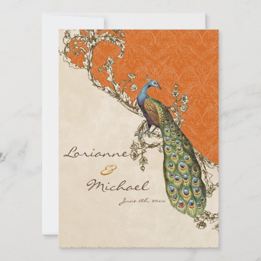  pauw & etsen verbrande Oranje bruiloft Kaart (Achterkant)