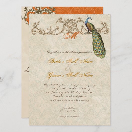  pauw & etsen verbrande Oranje bruiloft Kaart (Voorkant / Achterkant)