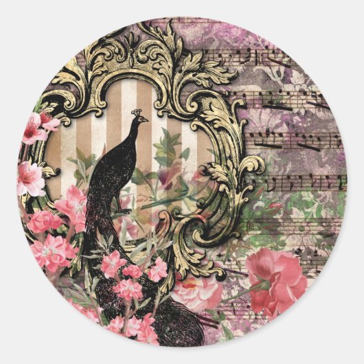  pauw floral musical note roze and gold ronde sticker (Voorkant)