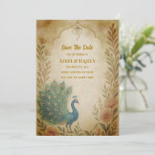 Pauw Florale Indiase Trouwkaart - Save the Date Ka Kaart (Staand voorkant)