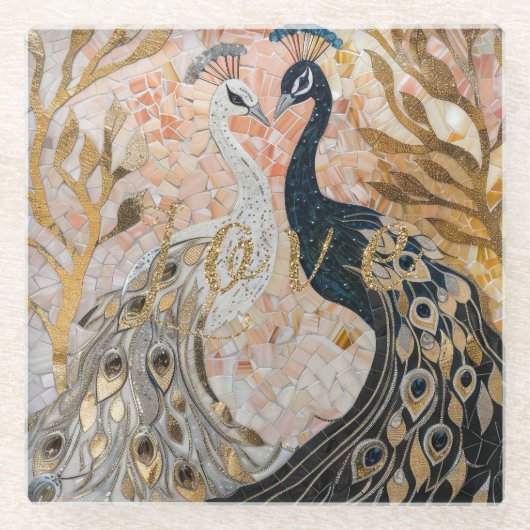 Pauw Golden Glitter Liefde Blush Roos  Glazen Onderzetter (Voorkant)