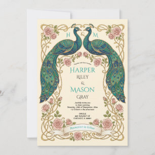 Pauw Huwelijksuitnodiging Art Nouveau Bloem Frame Kaart