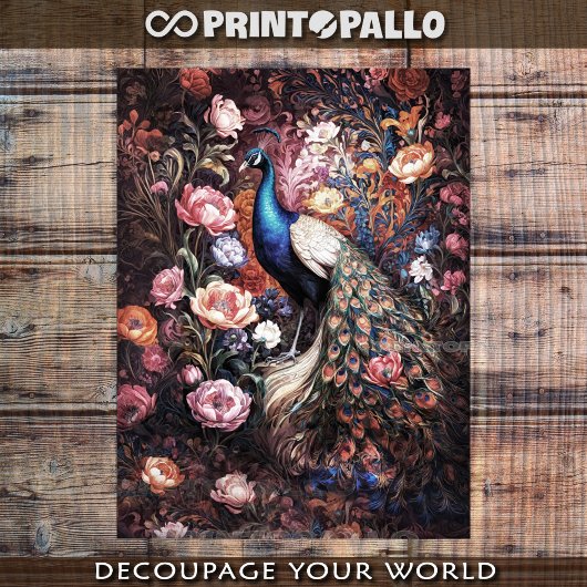 Pauw in de tuin bloemen in overvloed tissuepapier