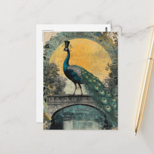 Pauw in een hoge hoed op een brug briefkaart
