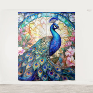 Pauw in glas in lood en aquarel wandkleed