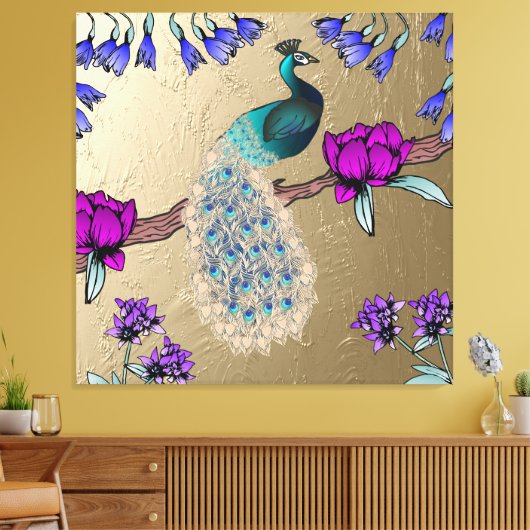 pauw in goud canvas afdruk (Insitu (Woonkamer))