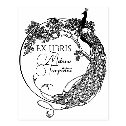 Pauw in ronde kader Art Nouveau Ex Libris Naam Rubberstempel (Afrduk)
