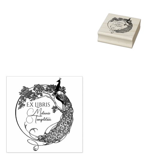 Pauw in ronde lijst Art Nouveau Ex Libris Naam Rubberstempel (Gestempeld)