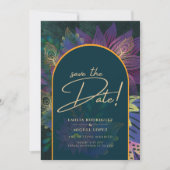 Pauw Juweel Tinten Groen Blauw Trouwdag Kaart (Voorkant)