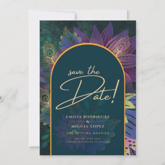 Pauw Juweel Tinten Groen Blauw Trouwdag Kaart (Voorkant)