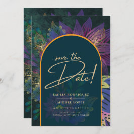 Pauw Juweel Tinten Groen Blauw Trouwdag Kaart