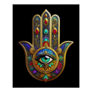 Pauw Kleur Bloemblaadjes Hamsa Groen Derde Oog Perfect Poster