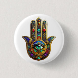 Pauw Kleur Bloemblaadjes Hamsa Groen Derde Oog Ronde Button 3,2 Cm