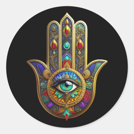 Pauw Kleur Bloemblaadjes Hamsa Groen Derde Oog Ronde Sticker (Voorkant)