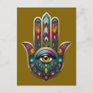 Pauw Kleuren Hamsa met Gouden Derde Oog Briefkaart