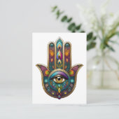 Pauw Kleuren Hamsa met Gouden Derde Oog Briefkaart (Staand voorkant)
