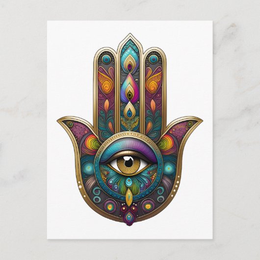 Pauw Kleuren Hamsa met Gouden Derde Oog Briefkaart (Voorkant)