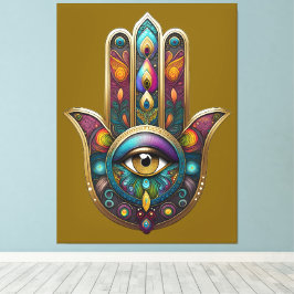 Pauw Kleuren Hamsa met Gouden Derde Oog Canvas Afdruk