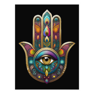 Pauw Kleuren Hamsa met Gouden Derde Oog Foto Afdruk