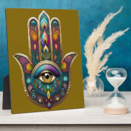 Pauw Kleuren Hamsa met Gouden Derde Oog Fotoplaat