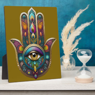 Pauw Kleuren Hamsa met Gouden Derde Oog Fotoplaat