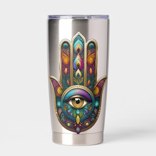 Pauw Kleuren Hamsa met Gouden Derde Oog Geïsoleerde Drinkbeker (Voorkant)