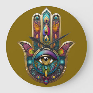 Pauw Kleuren Hamsa met Gouden Derde Oog Grote Klok