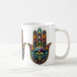 Pauw Kleuren Hamsa met Gouden Derde Oog Koffiemok