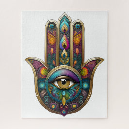 Pauw Kleuren Hamsa met Gouden Derde Oog Legpuzzel