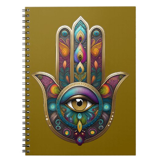 Pauw Kleuren Hamsa met Gouden Derde Oog Notitieboek (Voorkant)