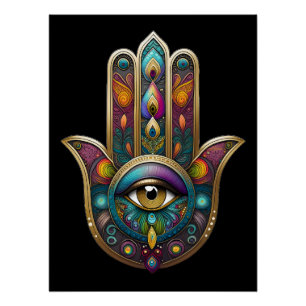Pauw Kleuren Hamsa met Gouden Derde Oog Perfect Poster