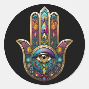 Pauw Kleuren Hamsa met Gouden Derde Oog Ronde Sticker