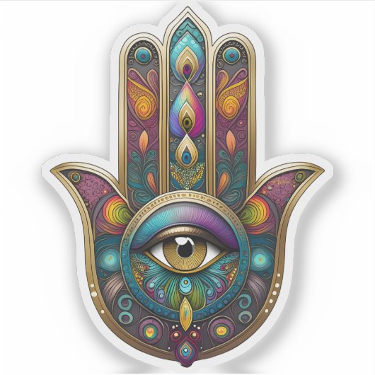 Pauw Kleuren Hamsa met Gouden Derde Oog Sticker (Voorkant)