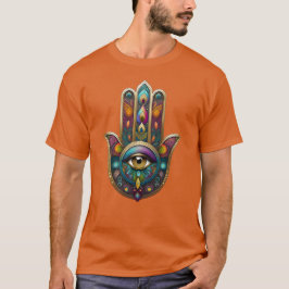Pauw Kleuren Hamsa met Gouden Derde Oog T-shirt