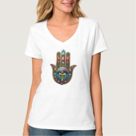 Pauw Kleuren Hamsa met Gouden Derde Oog T-shirt